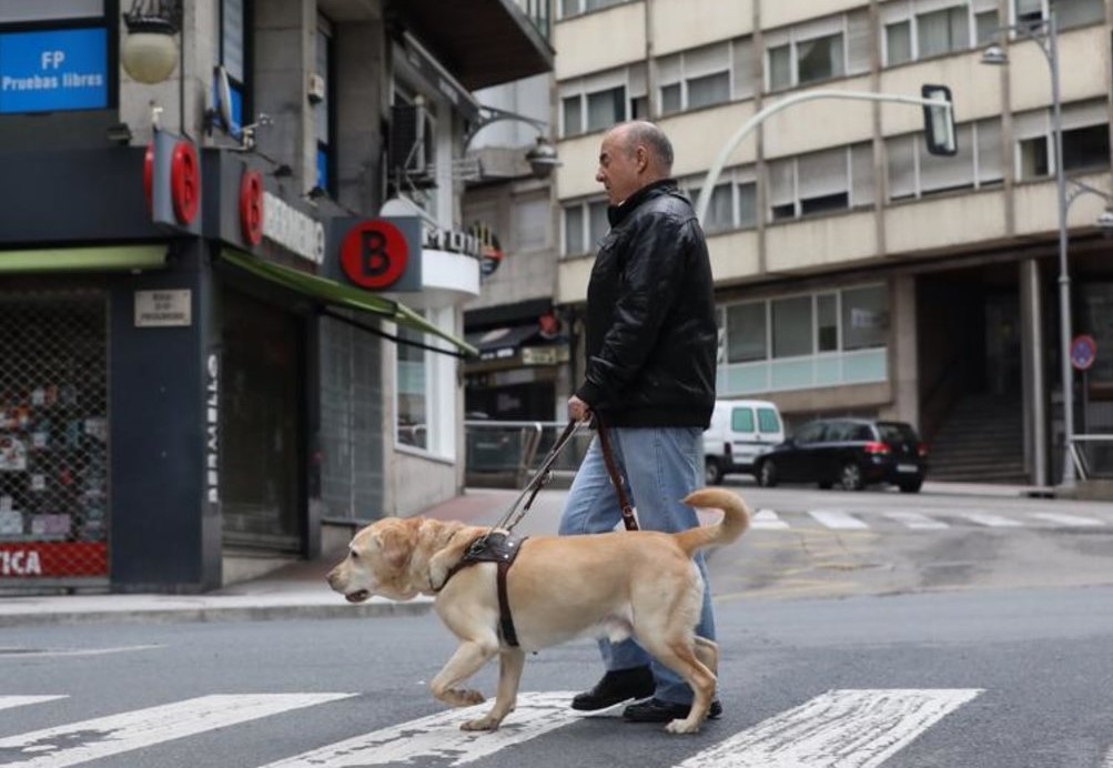 Julio Masid fotografiado con su perro en una calle de Ourense