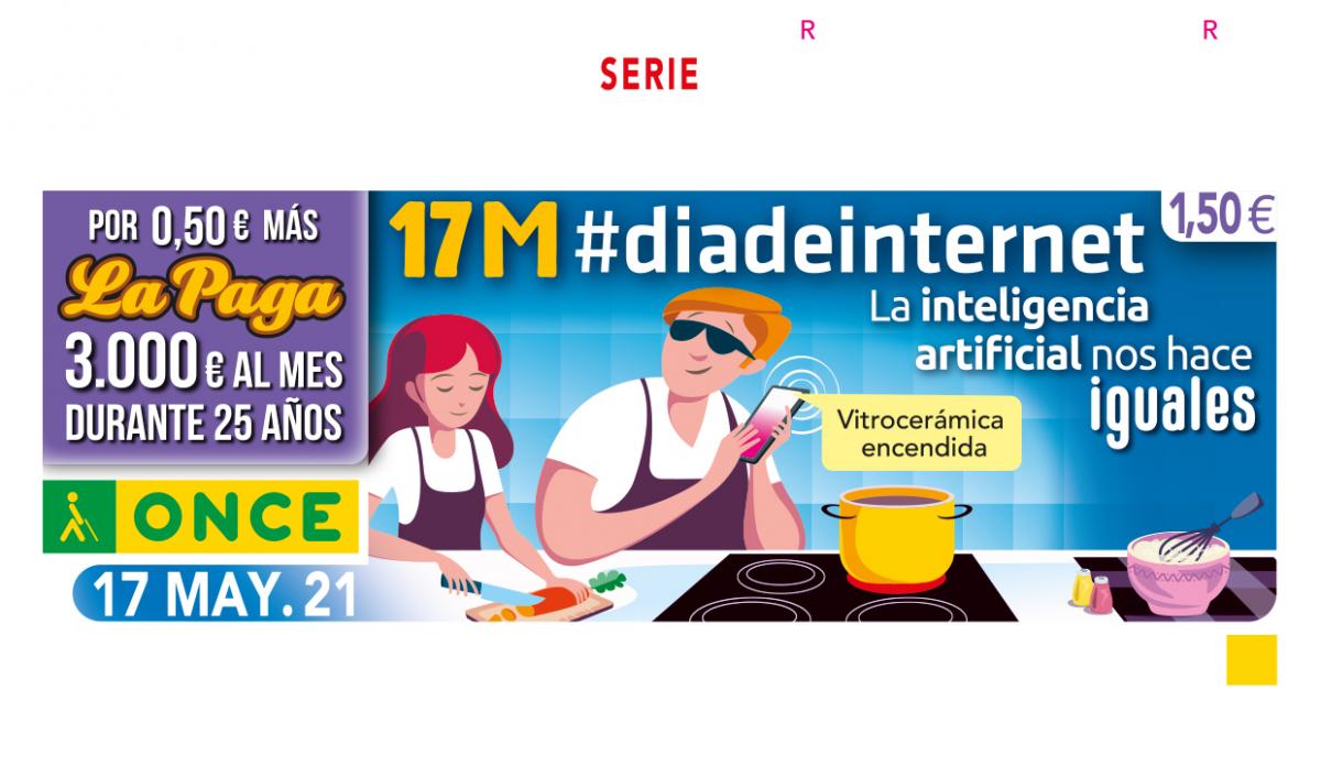 Imagen del cupón dedicado al Día Mundial de Internet, que reproduce una pareja en una cocina. Él sostiene un móvil en la mano que tiene una app que le avisa de que la vitrocerámica está extendida
