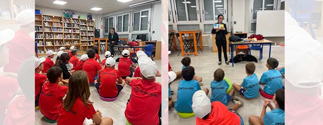 Niños y niñas junto a Corina Alfonos en las actividades del campamento de veranos