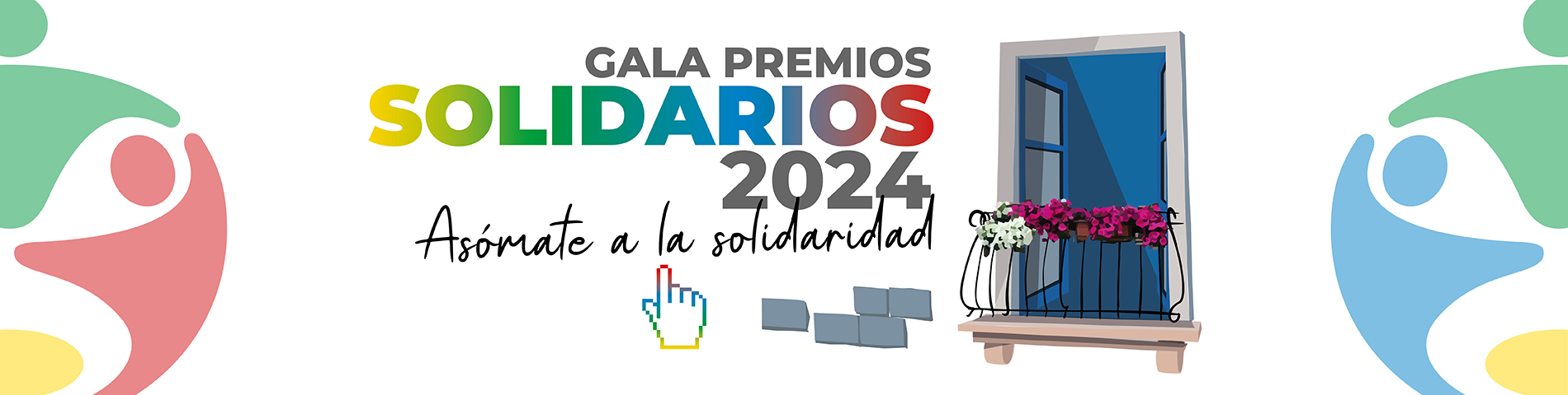 Banner con la frase 'Gala Premios Solidarios 2024. Asómate a la solidaridad'. Tiene un cursor debajo para hacer click, a la derecha el balcón de una casa con flores y en los laterales el logo de los Premios Solidarios del Grupo Social ONCE. (Abrir en nova ventá)