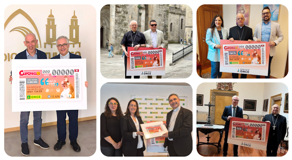 Collage con las imágenes de las presentaciones en Galicia del cupón dedicado al Papa