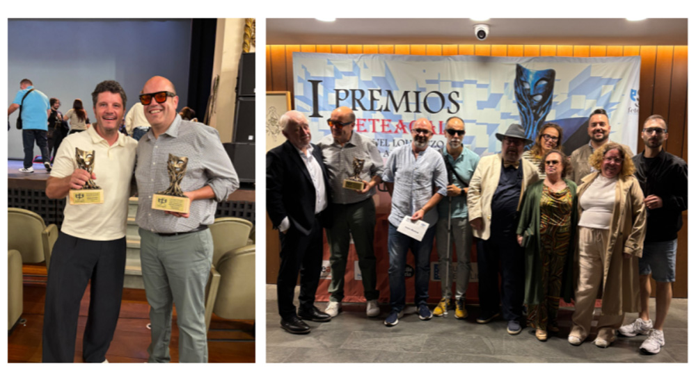 Collage con el grupo de teatro Muxicas con su premio y con otros premiados