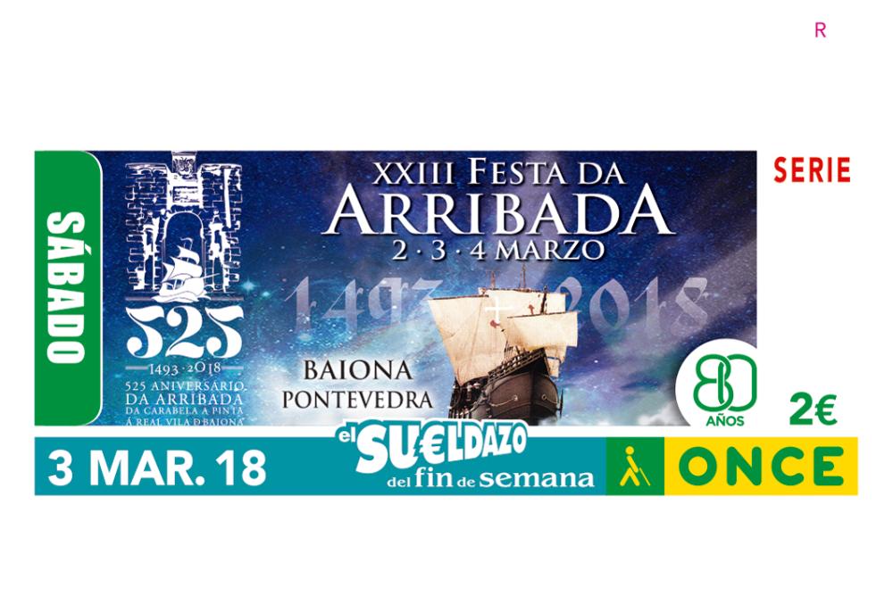Imaxe do cupón do 6 de marzo dedicado ao 525 aniversario da Arribada a Baiona