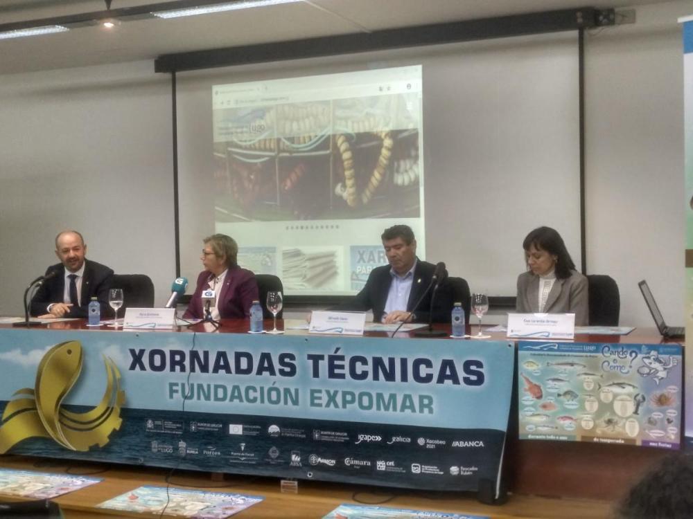 Fotografía de la mesa del acto de presentación del cartel en que aparecen, de izqda a derecha, el alcalde de Burela, la conselleira de Mar, el presidente de la federación provincial de cofradías de pescadores de Lugo y la directora de ONCED en Lugo