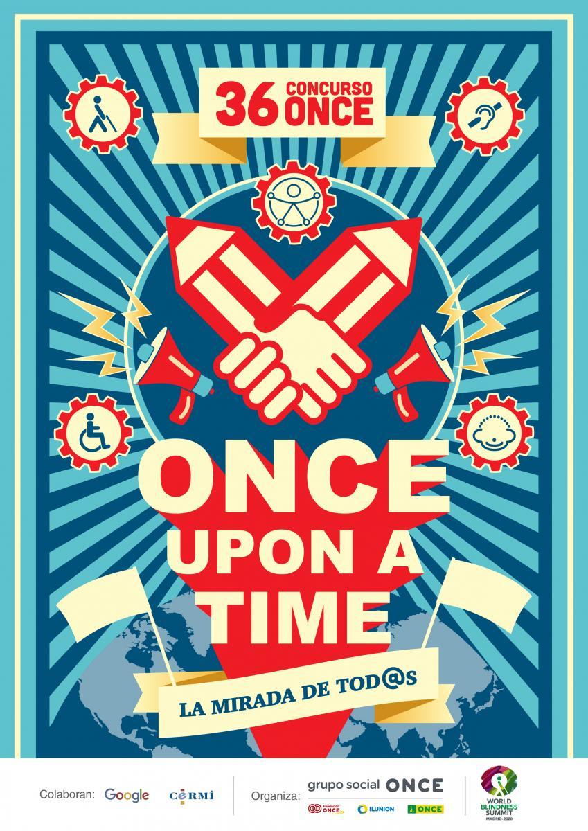 En la imagen puede verse el colorido cartel anunciador del 36 Concurso Escolar ONCE  en azules y rojo