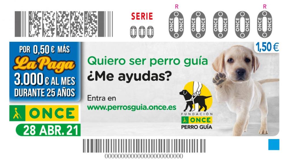 Imagemn del cupón dedicado al Día Internacional del Perro Guía, con la fotografía de uno de ellos y el mensaje "Quiero ser perro guía.?Me ayudas?".