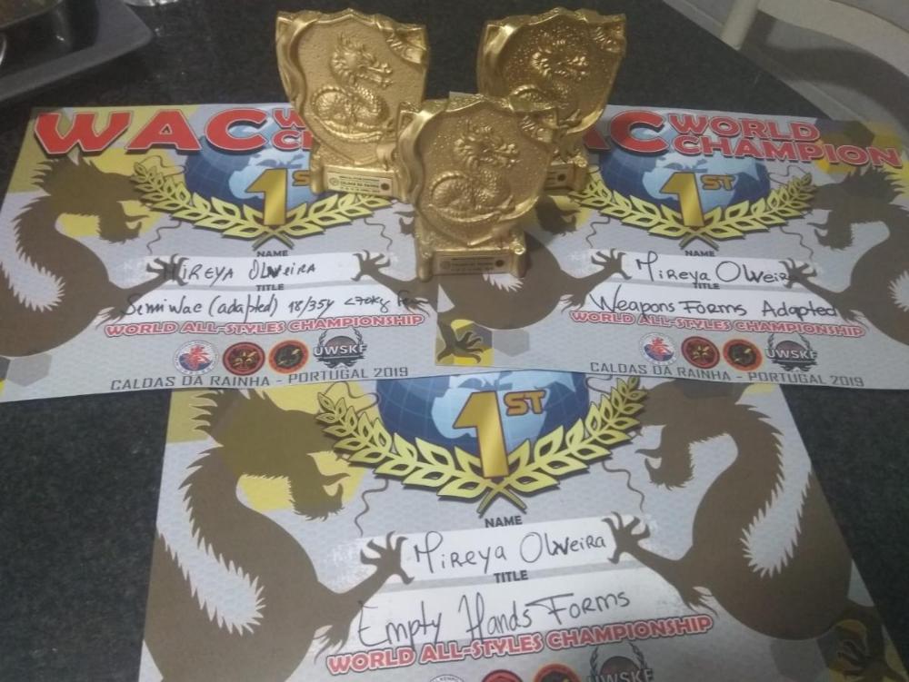 En la imagen los trofeos y diplomas ganados por Mireya en el WAC 2019