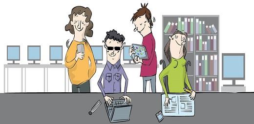 Viñeta que representa a  un grupo de universitarios con discapacidad , en el que sólo una es mujer.....