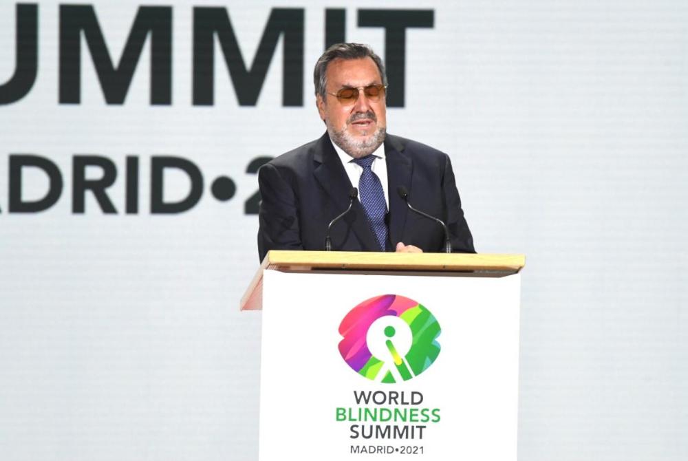 El presidente del Grupo Social ONCE, Miguel CArballeda, interviene durante la apertura de la WBS