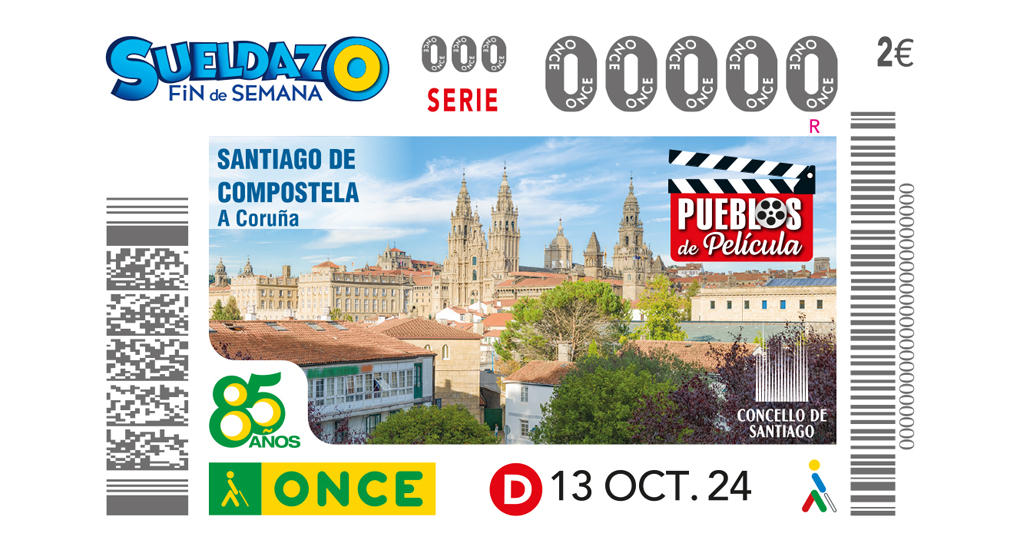 Cupón de la ONCE dedicado a Santiago de Compostela en la serie Pueblos de Película