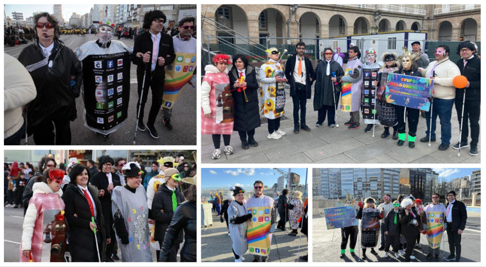 Collage con diferentes momentos del desfile de carnaval con el grupo disfrazado de diferentes modelos de teléfonos