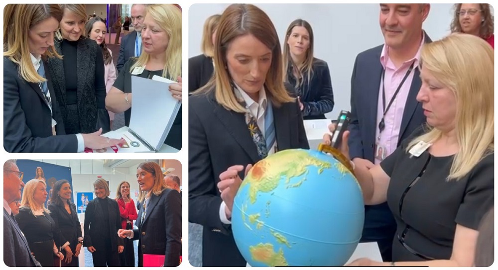 Momentos de la visita de Roberta Metsola , presidenta del Parlamento Europeo, a la exposición de juguetes inclusivos