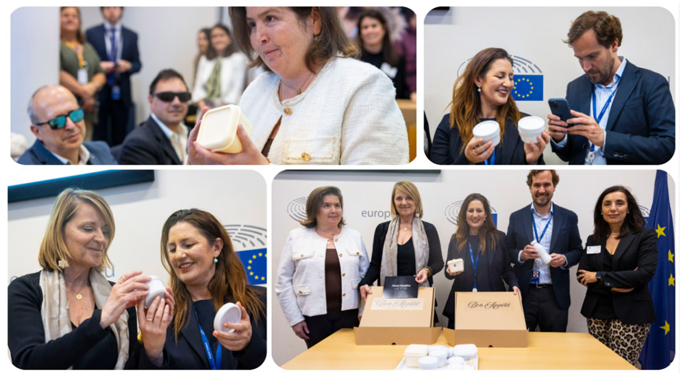 collage de imágenes con los eurodiputados y los productos etiquetados en braille
