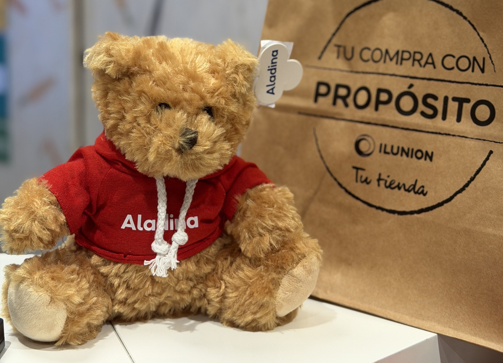 Oso de peluche de la colección, con una camiseta roja con la palabra 'Aladina' impresa