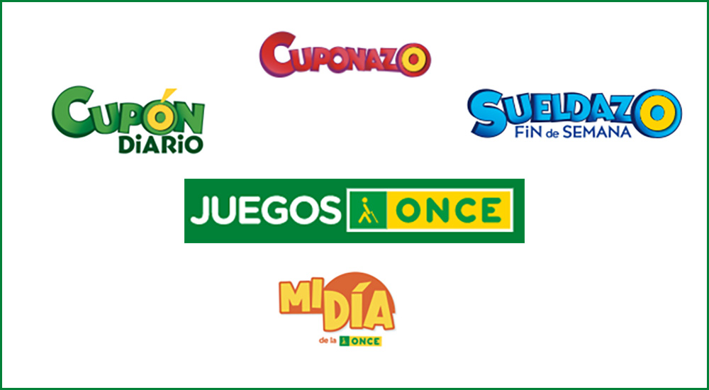 collage con los logos de los productos de lotería ONCE que han tenido premio en Galicia durante el mes de octubre: Cupón Diario, Cuponazo, Sueldazo Fin de Semana y Mi Día